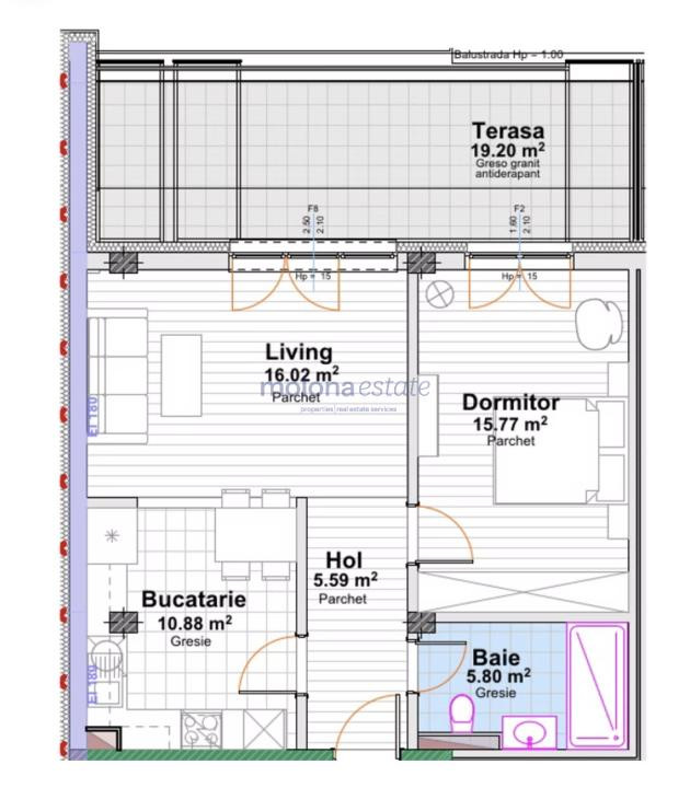 Apartament cu 2 camere, 54 mp utili + Terasă 19,2 mp ,Ansamblu Rezidențial 