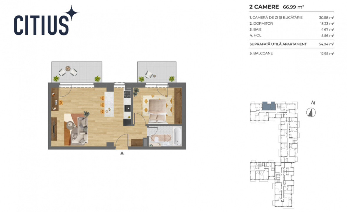  Apartament 2 camere, 67 mp total, 2 balcoane, semifinisat, str. Corneliu Coposu