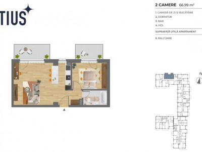  Apartament 2 camere, 67 mp total, 2 balcoane, semifinisat, str. Corneliu Coposu